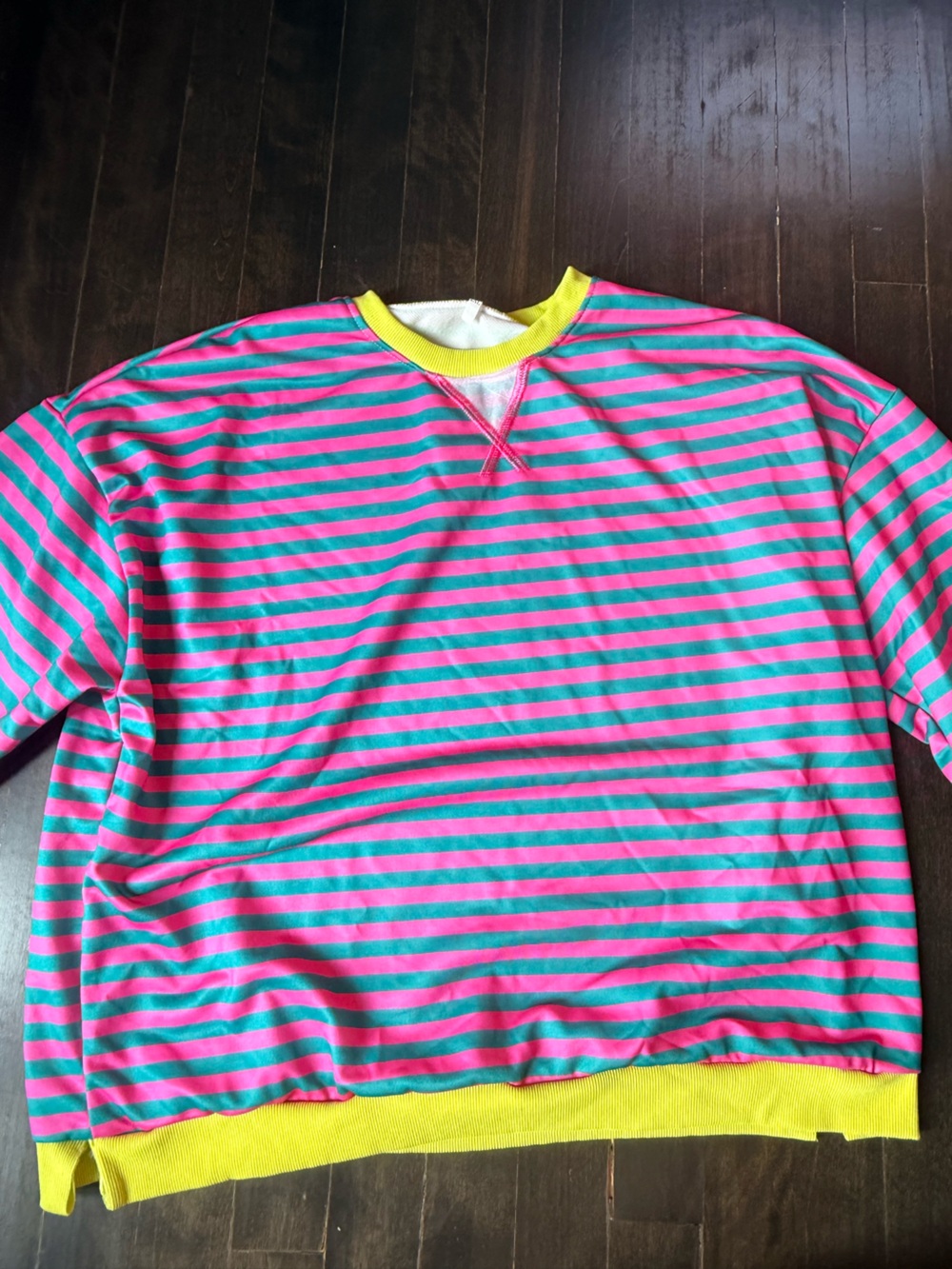 Women's Bright Pink and Teal Striped Sweater with Yellow Trim